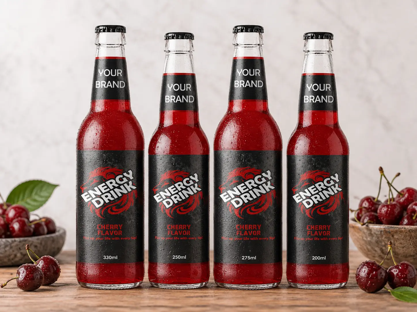 ENERGY DRINK Cherry Flavor 330ml, 250ml, 275ml and 200ml glass bottles